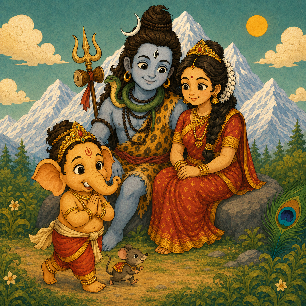 Illustration of young Ganesha with folded hands beside his parents Shiva and Parvati on Mount Kailash, with a mouse at his feet
