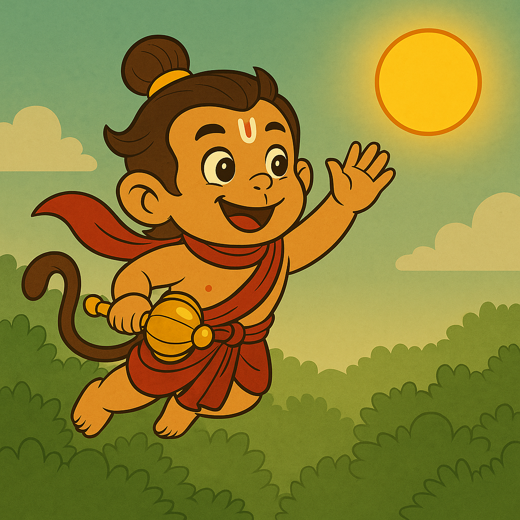 Illustration of young Hanuman joyfully leaping toward a glowing golden sun in the sky