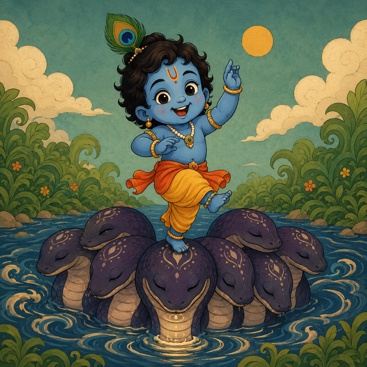 Illustration of young Krishna dancing on the bowed hoods of the serpent Kaliya above swirling indigo water